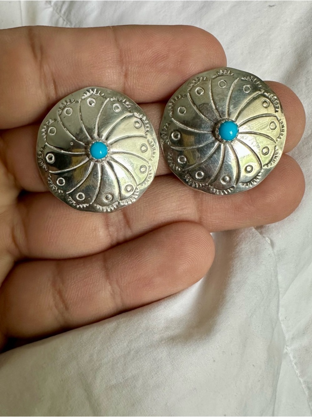 Vintage Native Sterling Silver Concho Earrings with Turquoise Cabochon